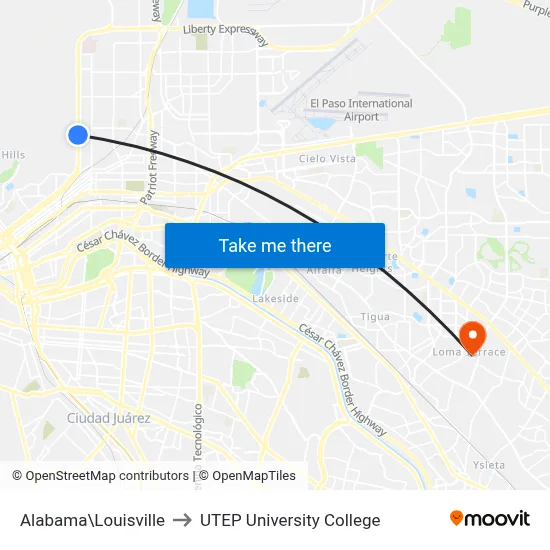 Alabama\Louisville to UTEP University College map