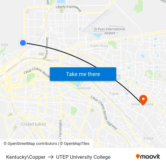 Kentucky\Copper to UTEP University College map