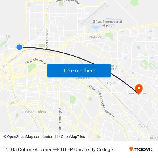 1105 Cotton\Arizona to UTEP University College map
