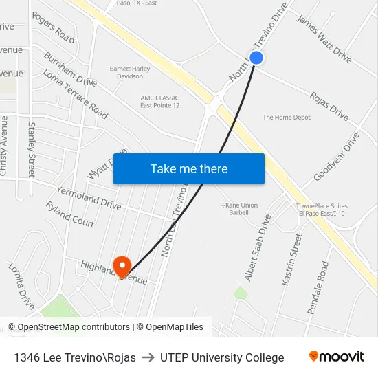 1346 Lee Trevino\Rojas to UTEP University College map