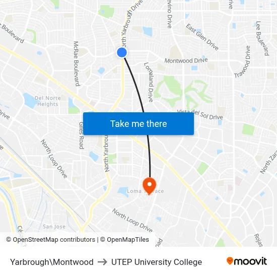 Yarbrough\Montwood to UTEP University College map