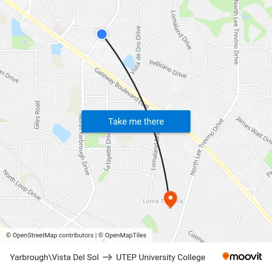 Yarbrough\Vista Del Sol to UTEP University College map