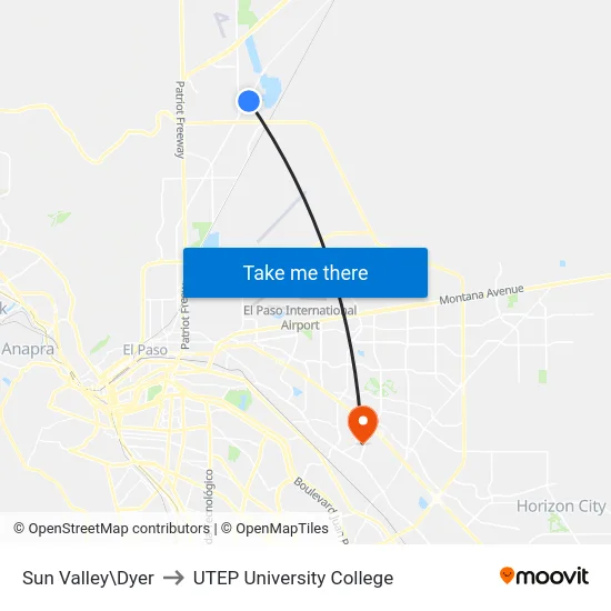 Sun Valley\Dyer to UTEP University College map