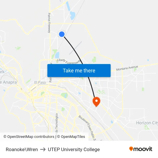 Roanoke\Wren to UTEP University College map