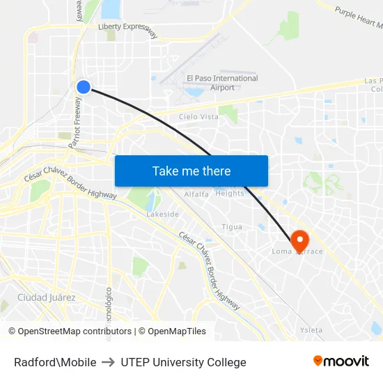 Radford\Mobile to UTEP University College map