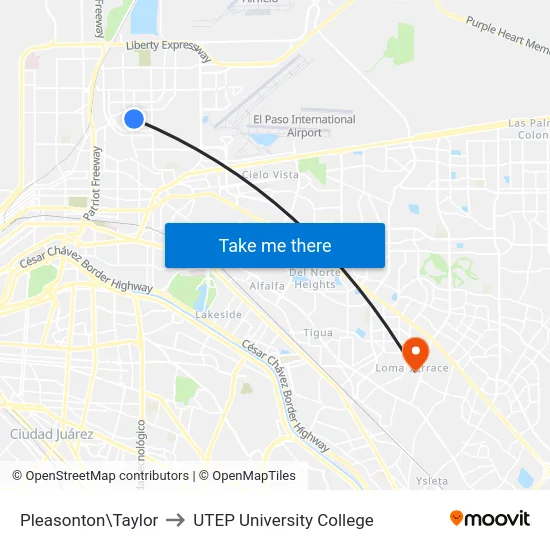 Pleasonton\Taylor to UTEP University College map