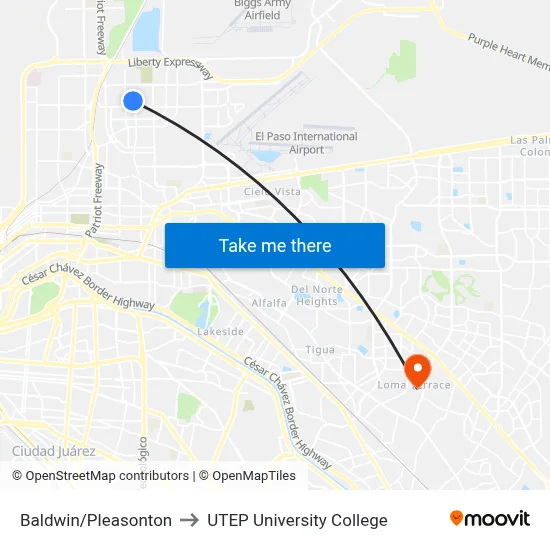 Baldwin/Pleasonton to UTEP University College map