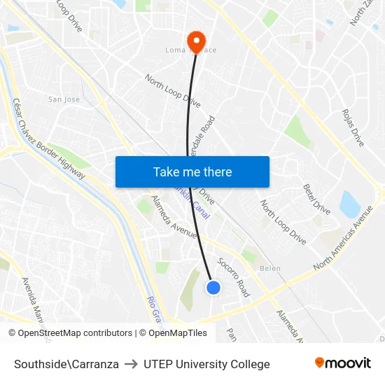 Southside\Carranza to UTEP University College map
