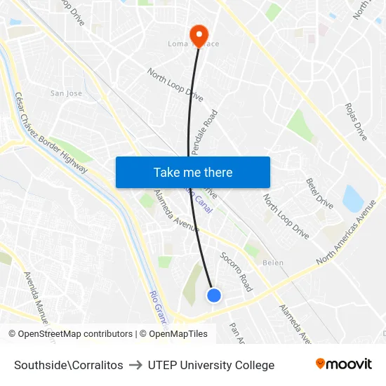 Southside\Corralitos to UTEP University College map