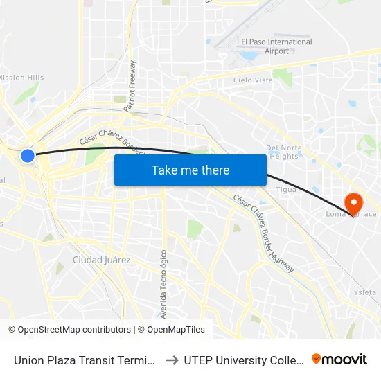 Union Plaza Transit Terminal to UTEP University College map