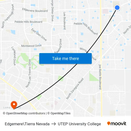 Edgemere\Tierra Nevada to UTEP University College map