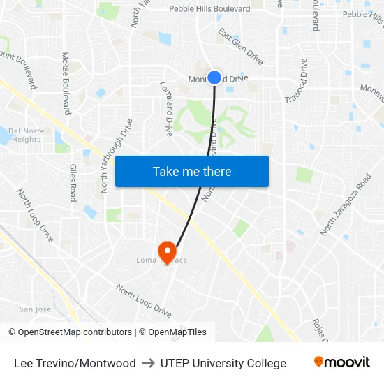 Lee Trevino/Montwood to UTEP University College map