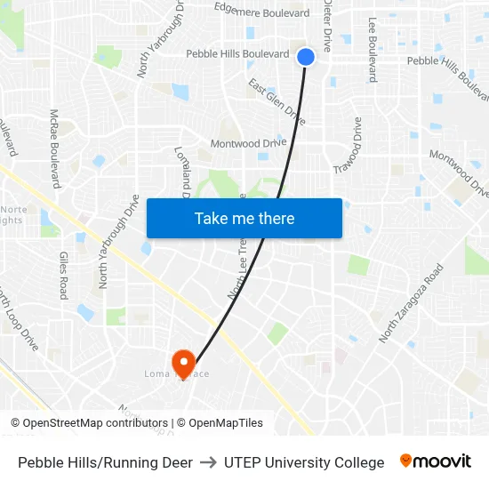 Pebble Hills/Running Deer to UTEP University College map