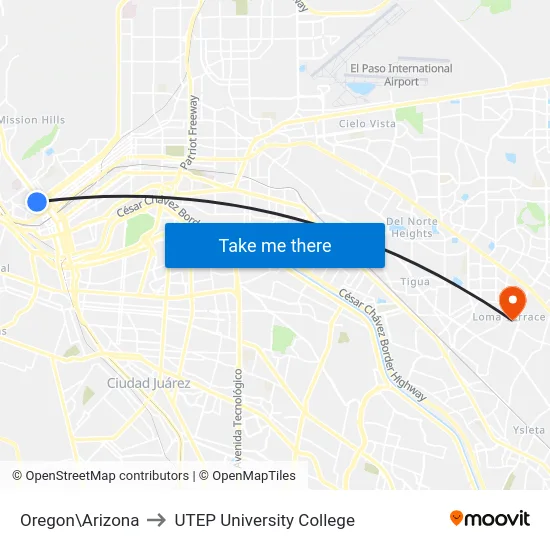 Oregon\Arizona to UTEP University College map