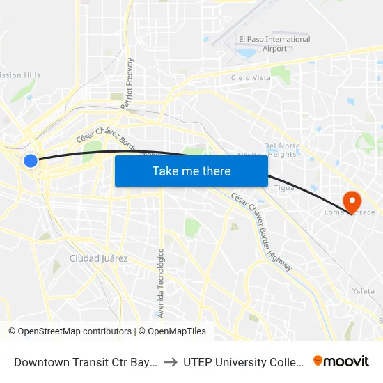 Downtown Transit Ctr Bay A to UTEP University College map