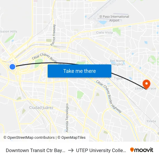 Downtown Transit Ctr Bay D to UTEP University College map