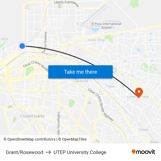 Grant/Rosewood to UTEP University College map