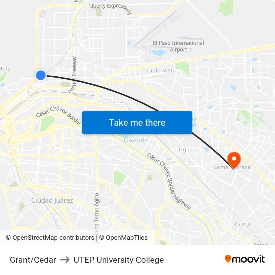 Grant/Cedar to UTEP University College map