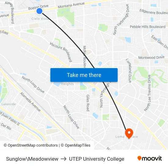Sunglow\Meadowview to UTEP University College map