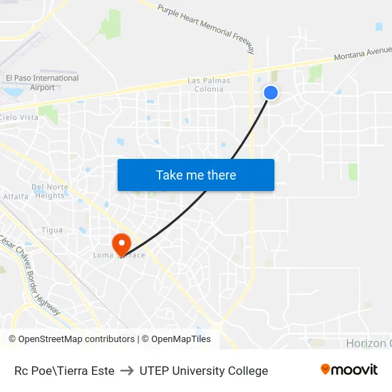 Rc Poe\Tierra Este to UTEP University College map