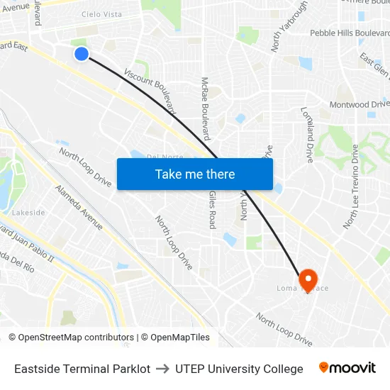 Eastside Terminal Parklot to UTEP University College map