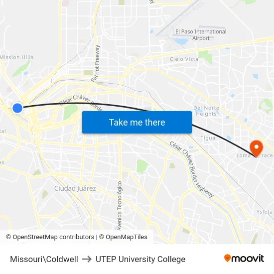 Missouri\Coldwell to UTEP University College map