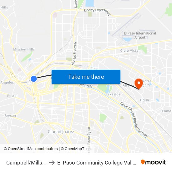 Campbell/Mills City Hall to El Paso Community College Valle Verde Campus map