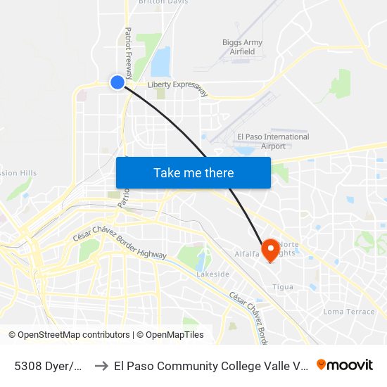 5308 Dyer/Keltner to El Paso Community College Valle Verde Campus map