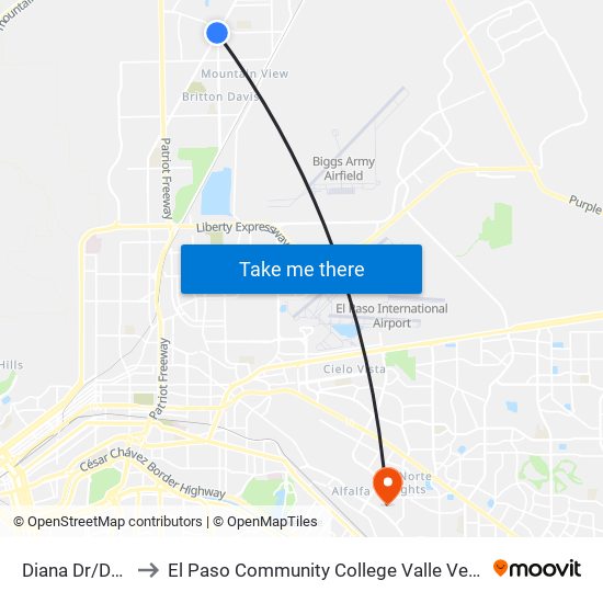 Diana Dr/Dyer St to El Paso Community College Valle Verde Campus map