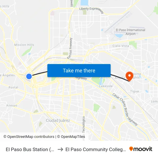El Paso Bus Station (W San Antonio St) to El Paso Community College Valle Verde Campus map