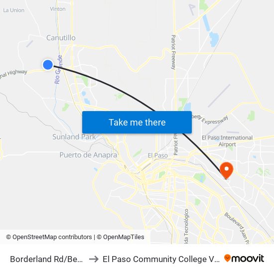 Borderland Rd/Bea Martinez Pl to El Paso Community College Valle Verde Campus map