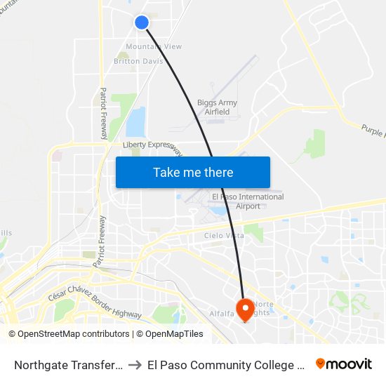 Northgate Transfer Center Bay B to El Paso Community College Valle Verde Campus map