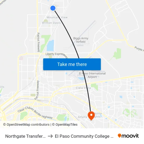 Northgate Transfer Center Bay F to El Paso Community College Valle Verde Campus map