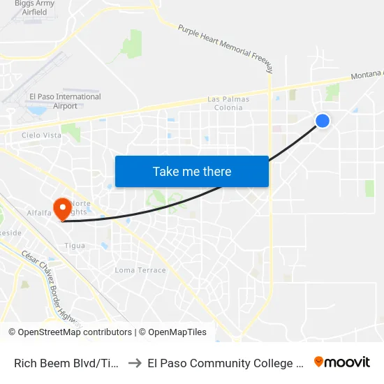 Rich Beem Blvd/Tierra Sonora Dr to El Paso Community College Valle Verde Campus map