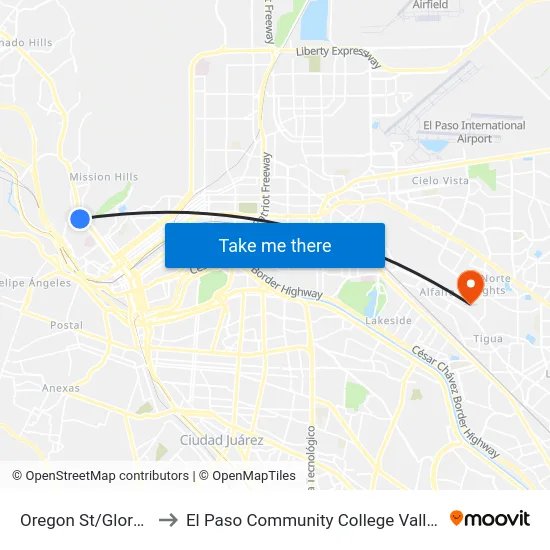 Oregon St/Glory Road Tc to El Paso Community College Valle Verde Campus map