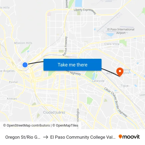 Oregon St/Rio Grande Ave to El Paso Community College Valle Verde Campus map