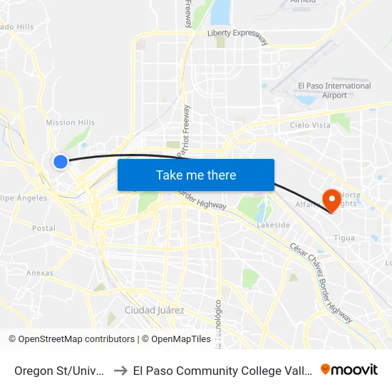 Oregon St/University Ave to El Paso Community College Valle Verde Campus map