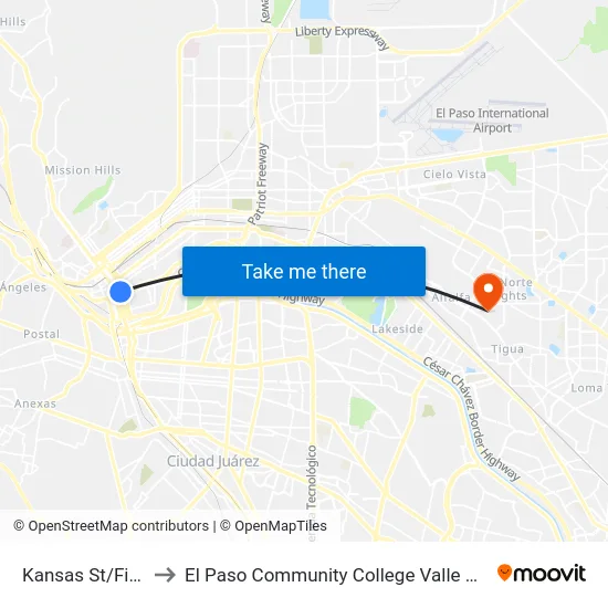 Kansas St/First Ave to El Paso Community College Valle Verde Campus map