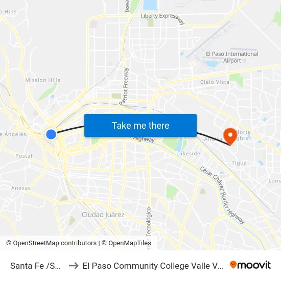 Santa Fe /Sheldon to El Paso Community College Valle Verde Campus map