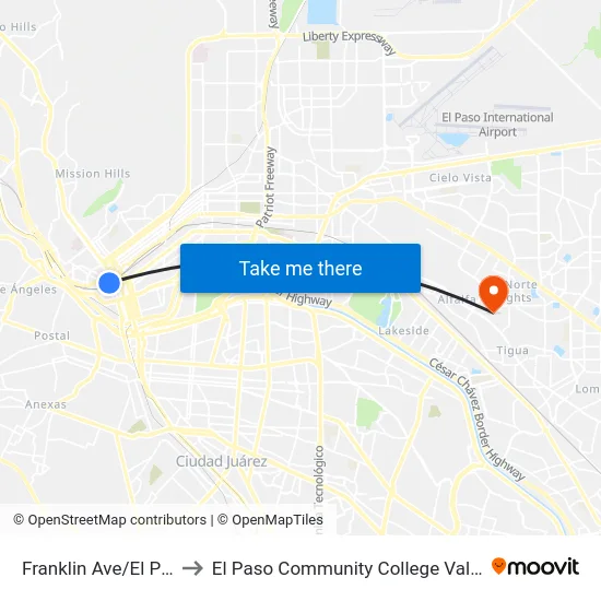 Franklin Ave/El Paso Street to El Paso Community College Valle Verde Campus map