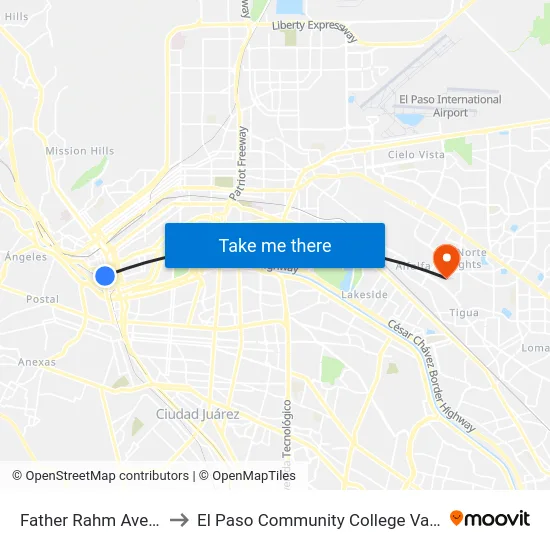 Father Rahm Ave/El Paso St to El Paso Community College Valle Verde Campus map