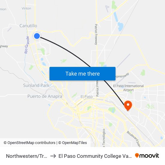 Northwestern/Trade Center to El Paso Community College Valle Verde Campus map