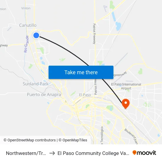 Northwestern/Trade Center to El Paso Community College Valle Verde Campus map