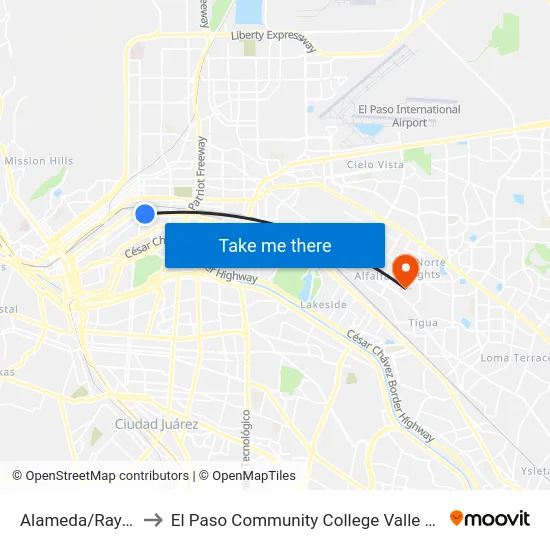 Alameda/Raynor Rts to El Paso Community College Valle Verde Campus map