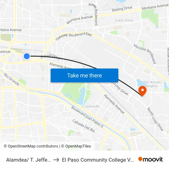 Alamdea/ T. Jefferson Hs Rts to El Paso Community College Valle Verde Campus map