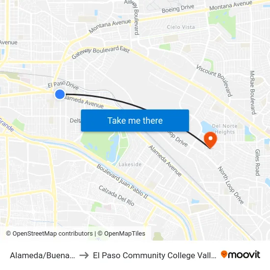 Alameda/Buena Vista Rts to El Paso Community College Valle Verde Campus map