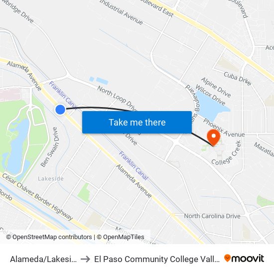 Alameda/Lakeside Vil Rts to El Paso Community College Valle Verde Campus map