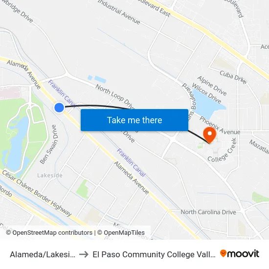 Alameda/Lakeside Vil Rts to El Paso Community College Valle Verde Campus map
