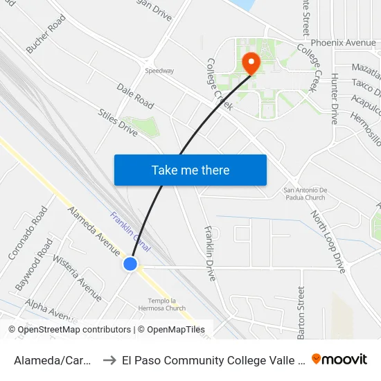 Alameda/Carolina Rts to El Paso Community College Valle Verde Campus map