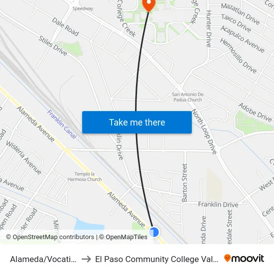 Alameda/Vocational Rts 2 to El Paso Community College Valle Verde Campus map
